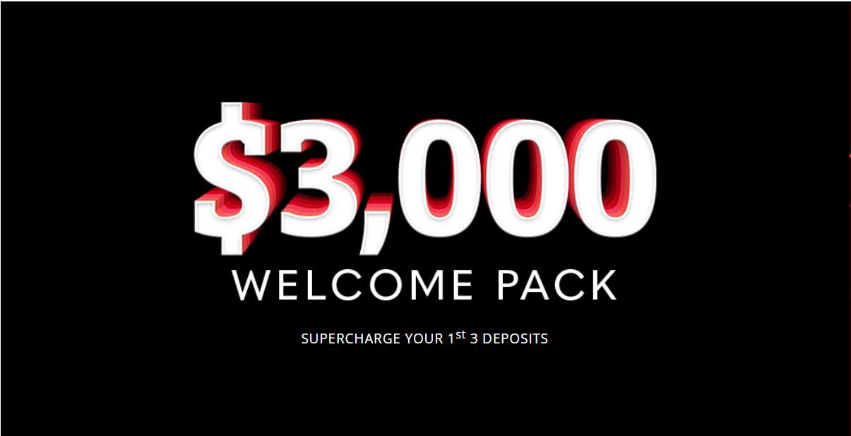 Banner promoting $3000 welcome pack bonus with bold text